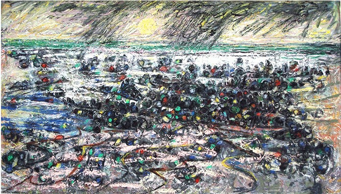 End of the Day Low Tide, acrylic on paper, using various methods by John Roger Bradley