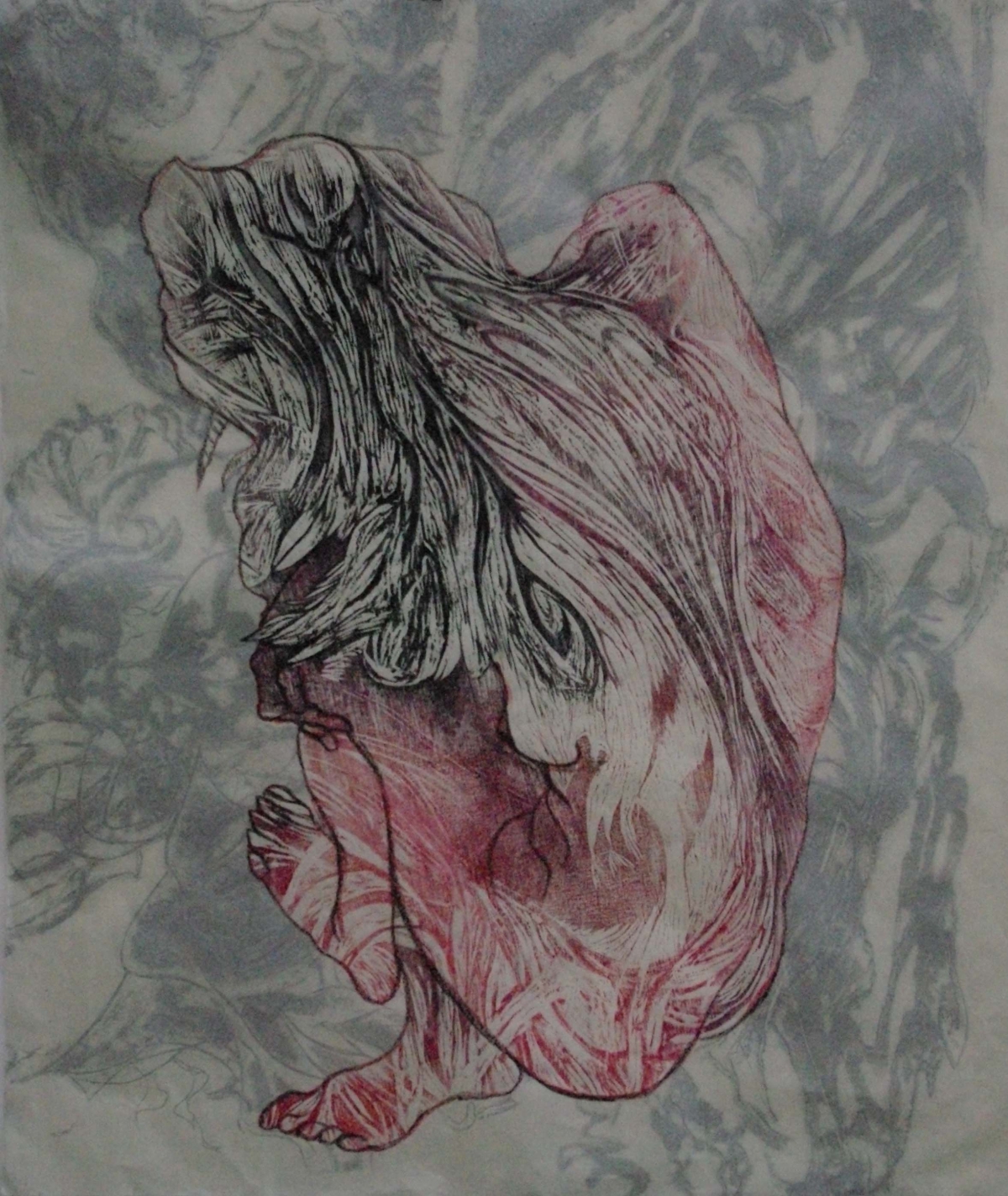 Hair - Black Red & Silver, woodcut & collograph by Pauline Bradley