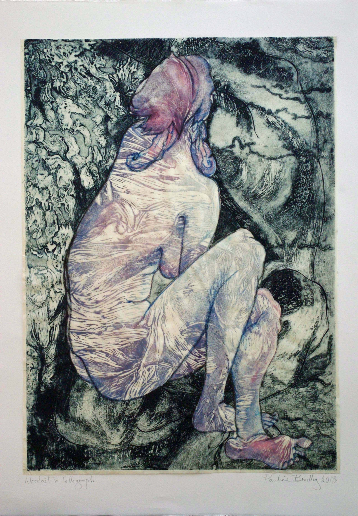 Melusina, woodcut & collograph by Pauline Bradley